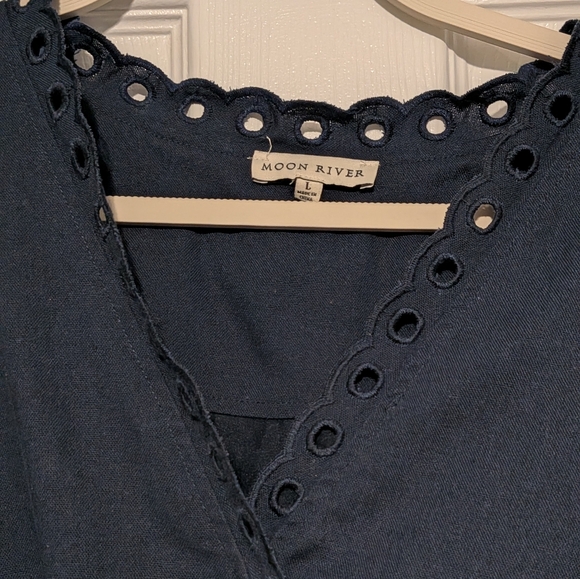 Moon River Navy Eyelet Puff-Sleeve Tie-Waist Maxi Dress - Picture 6 of 8